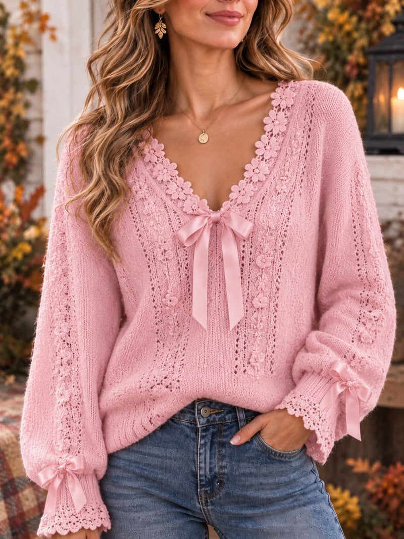 Women's Pink Lace Floral Bow V Neck Long Sleeve Sweater