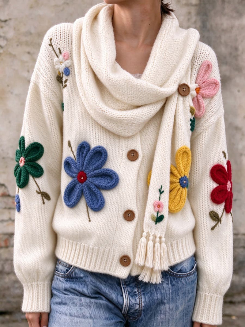 Women's Cream Colorful Floral Wrap Collar Long Sleeve Cardigan
