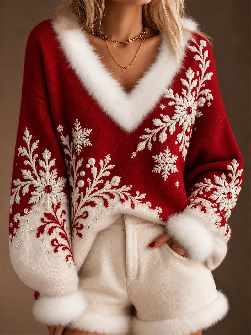 Women's Christmas Red Snowflake Print V Neck Long Sleeve Sweater
