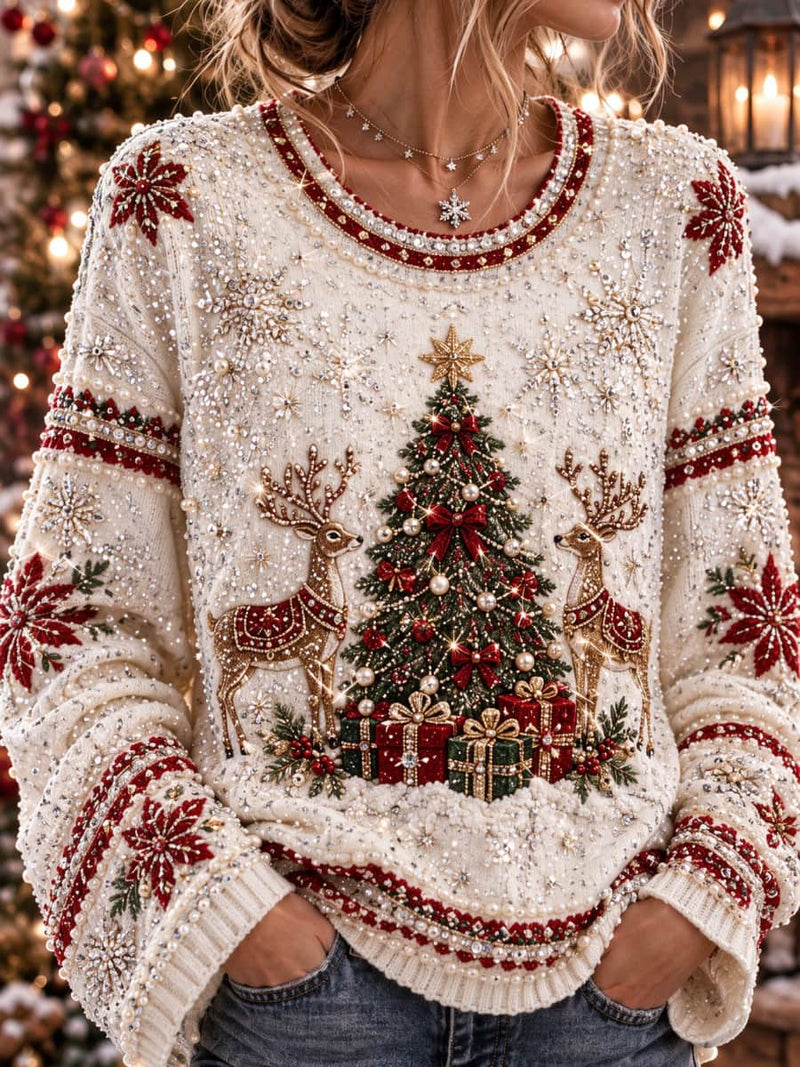 Women's Christmas Cream Christmas Tree Reindeer Print Round Neck Long Sleeve Sweater