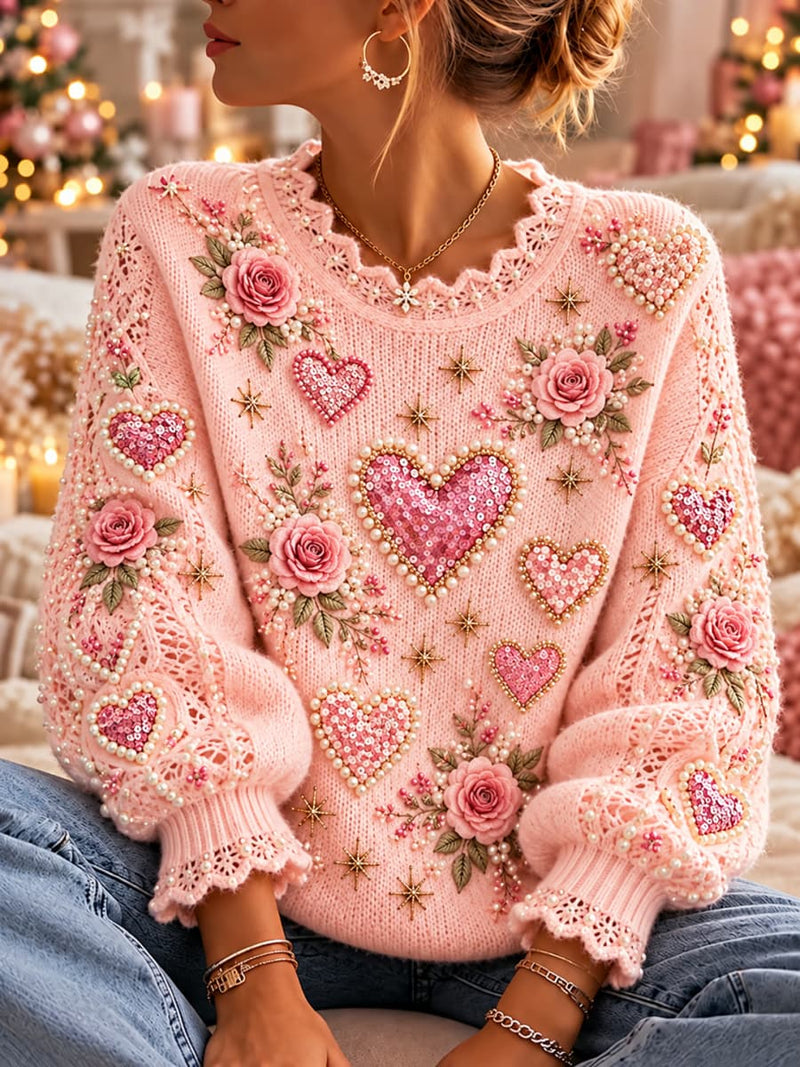 Women's Pink Heart Rose Floral Lace Trim Round Neck Long Sleeve Sweater