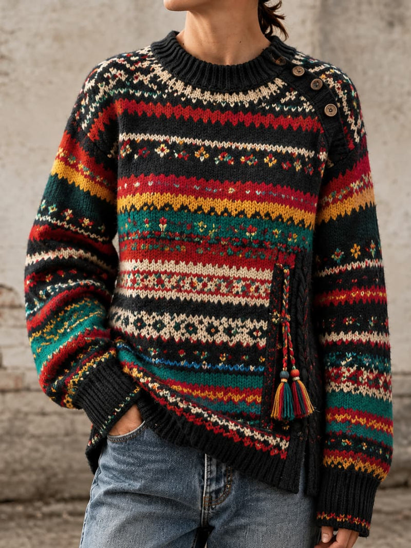 Women's Black Multicolor Fair Isle Striped Round Neck Long Sleeve Sweater
