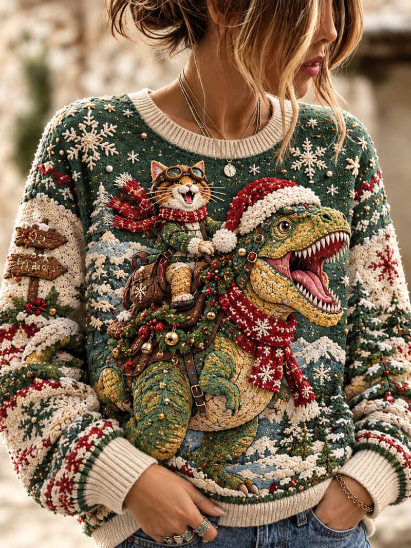 Women's Christmas Green Dinosaur Cat Snowflake Print Round Neck Long Sleeve Sweater
