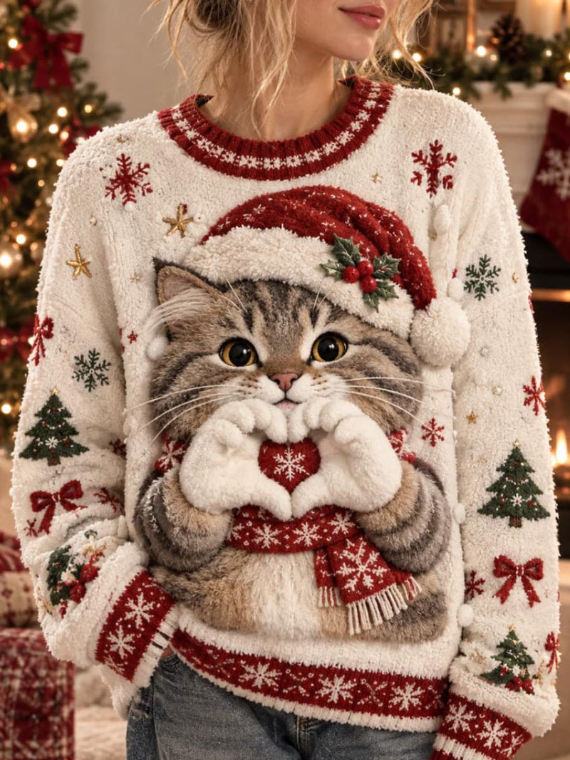 Women's Christmas Cream Cute Heart Gesture Cat Snowflake Tree Print Round Neck Long Sleeve Sweater