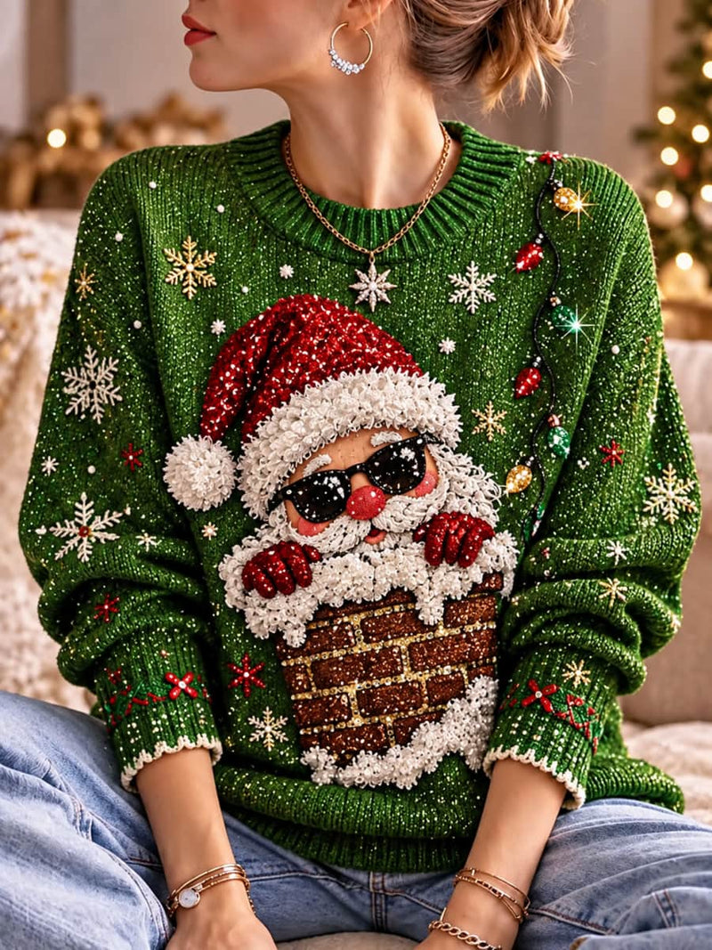 Women's Christmas Green Funny Santa Claus Chimney Snowflake Round Neck Long Sleeve Sweater