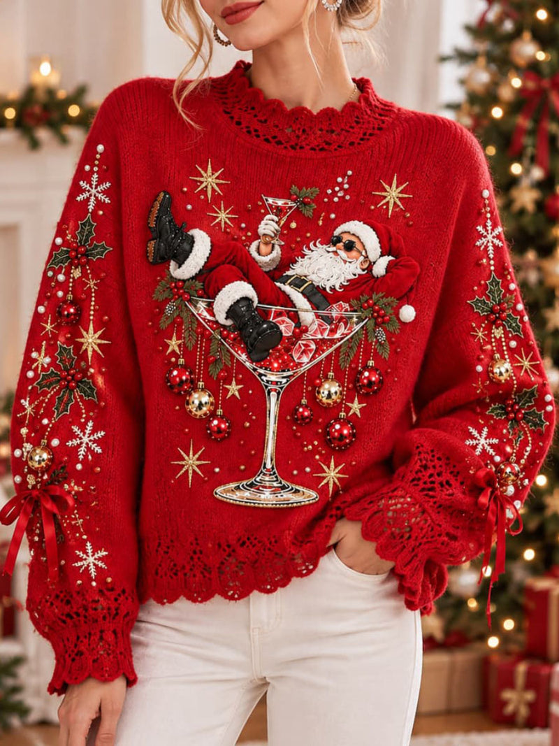 Women's Christmas Red Santa Claus Cocktail Glass Holly Snowflake Lace Round Neck Long Sleeve Sweater