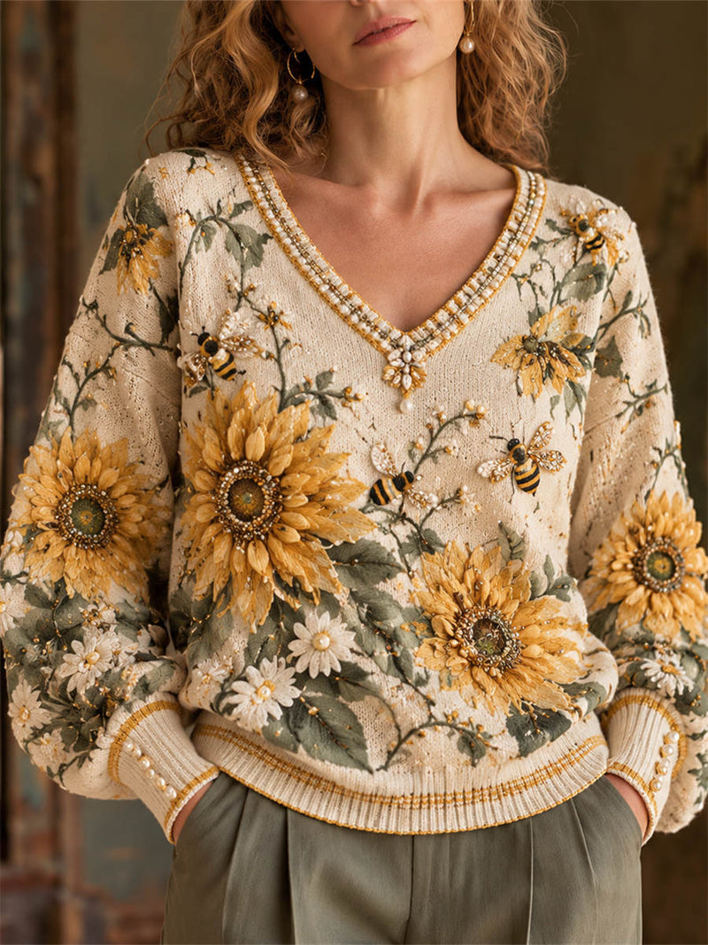 Women's Beige Sunflower Bee Floral Print V Neck Long Sleeve Sweater