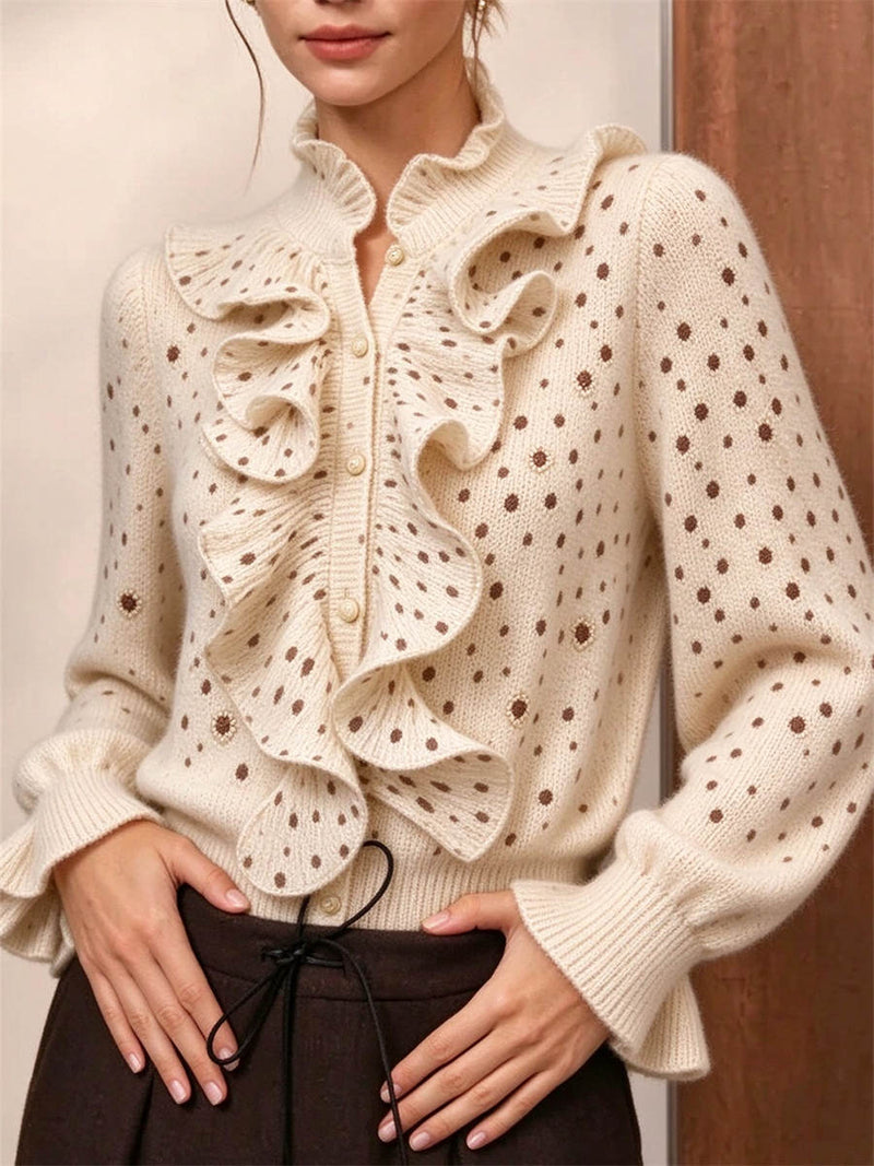 Women's Beige Polka Dot Ruffle Collar Button Long Sleeve Sweater