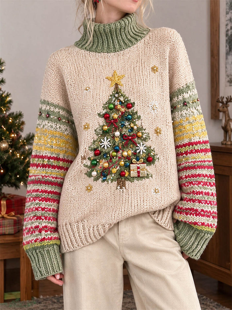 Women's Christmas Beige Christmas Tree Snowflake Gift Striped Turtleneck Long Sleeve Sweater