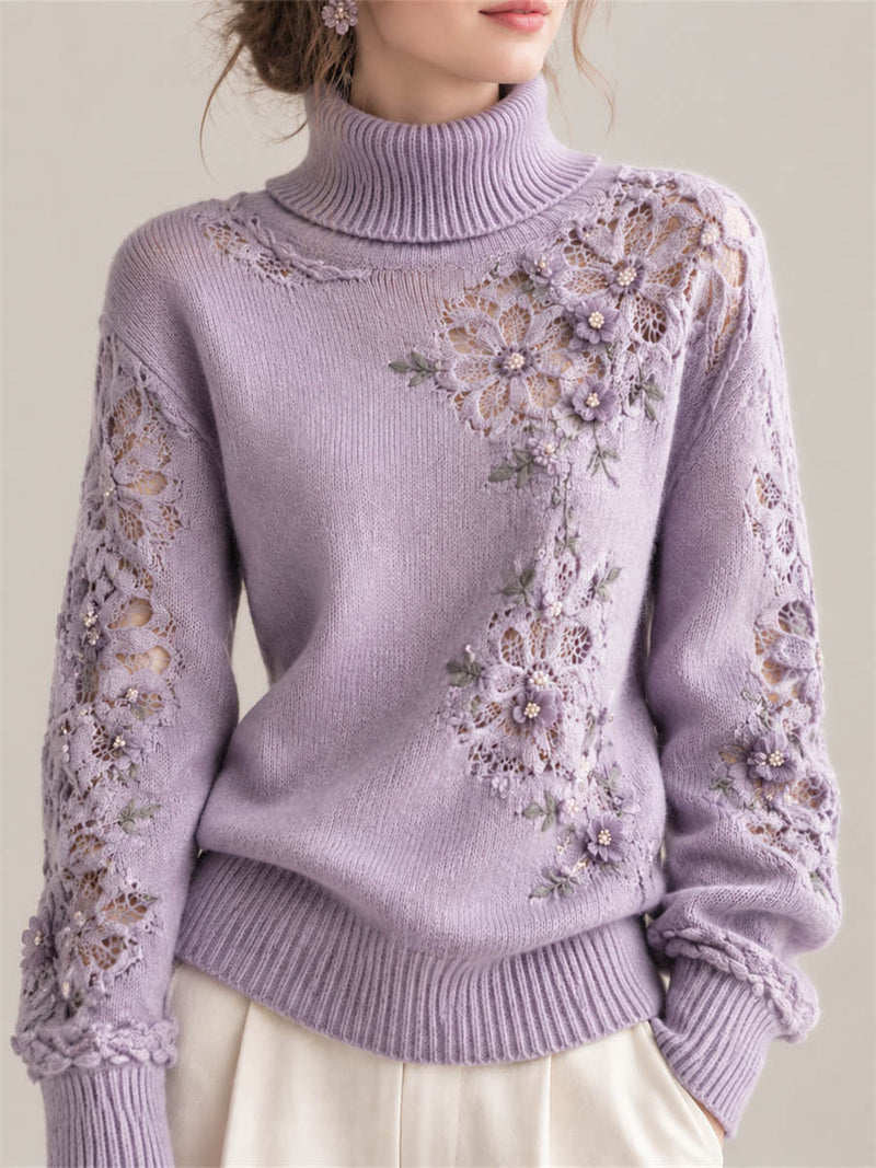 Women's Lavender Floral Lace Cutout Turtleneck Long Sleeve Sweater