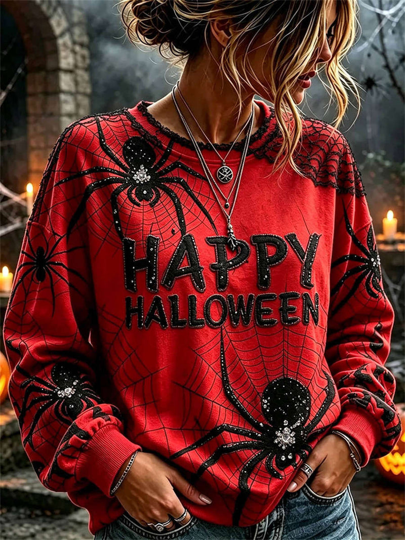 Women's Halloween Red Spider Web Letter Lace Print Round Neck Long Sleeve Sweatshirt