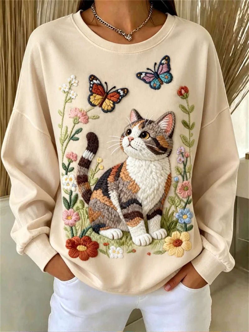 Women's Beige Cat Butterfly Floral Print Round Neck Long Sleeve Sweatshirt
