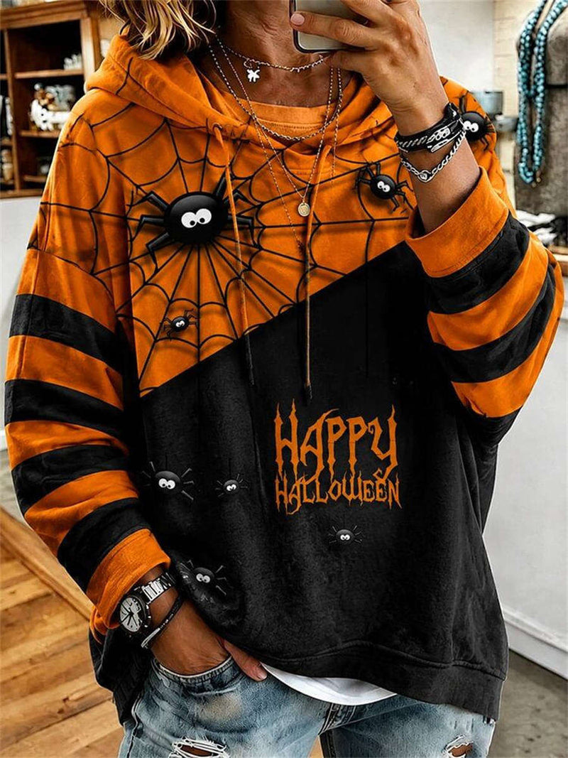 Women's Halloween Orange Black Spider Web Letter Print Long Sleeve Hoodie