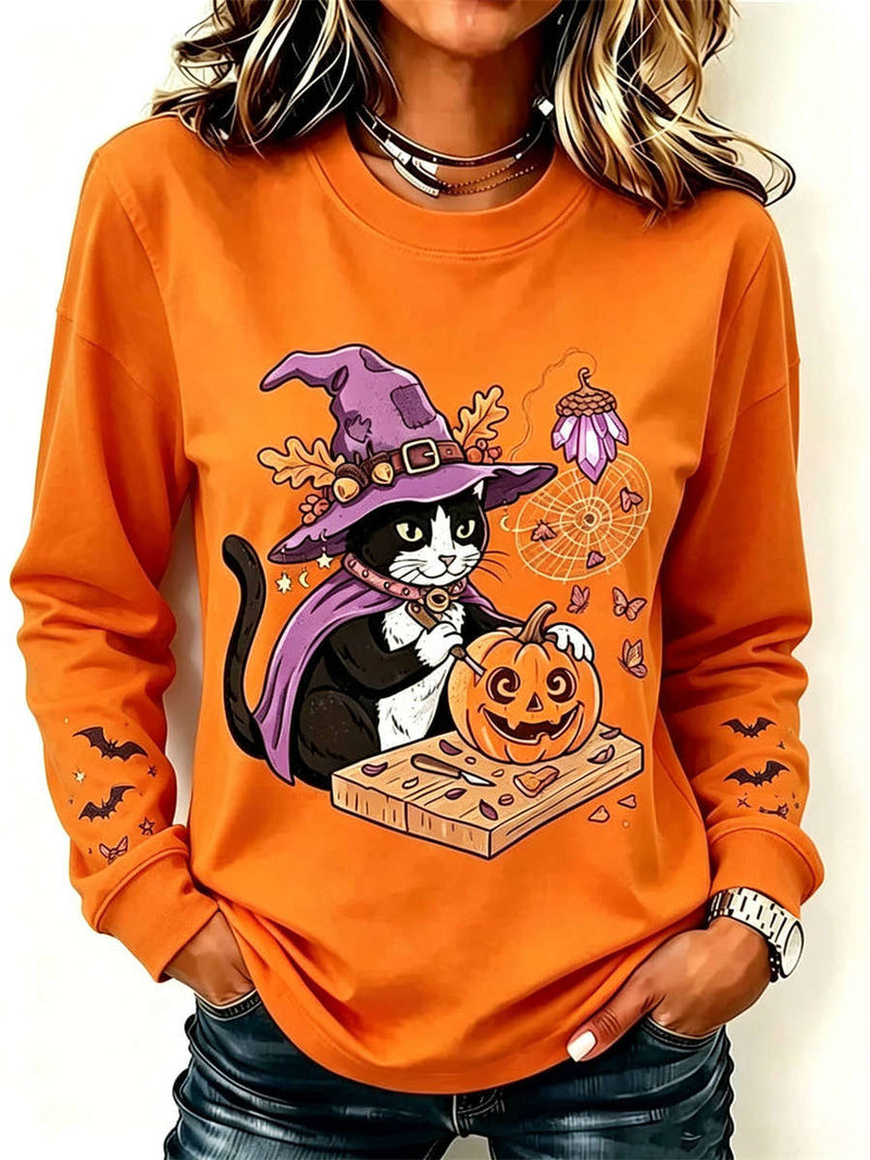Women's Halloween Orange Witch Cat Pumpkin Print Round Neck Long Sleeve Sweatshirt