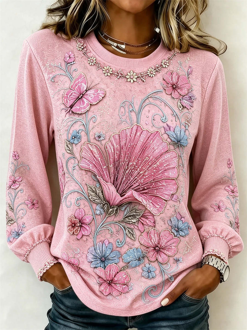 Women's Pink Butterfly Floral Print Round Neck Long Sleeve Sweatshirt
