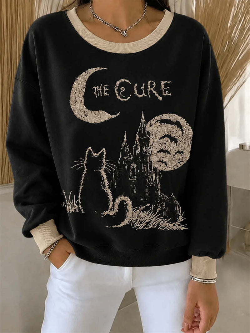 Women's Halloween Black Cat Castle Moon Letter Print Round Neck Long Sleeve Sweatshirt