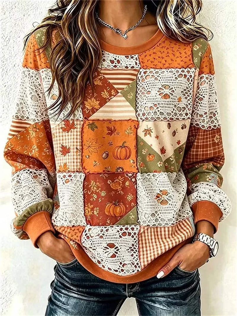 Women's Halloween Orange Pumpkin Patchwork Lace Splicing Round Neck Long Sleeve Sweatshirt