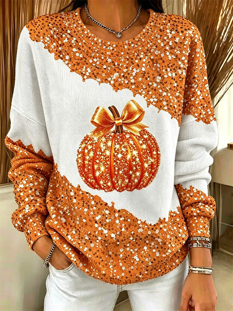 Women's Halloween Orange White Pumpkin Bow Print Round Neck Long Sleeve Sweatshirt