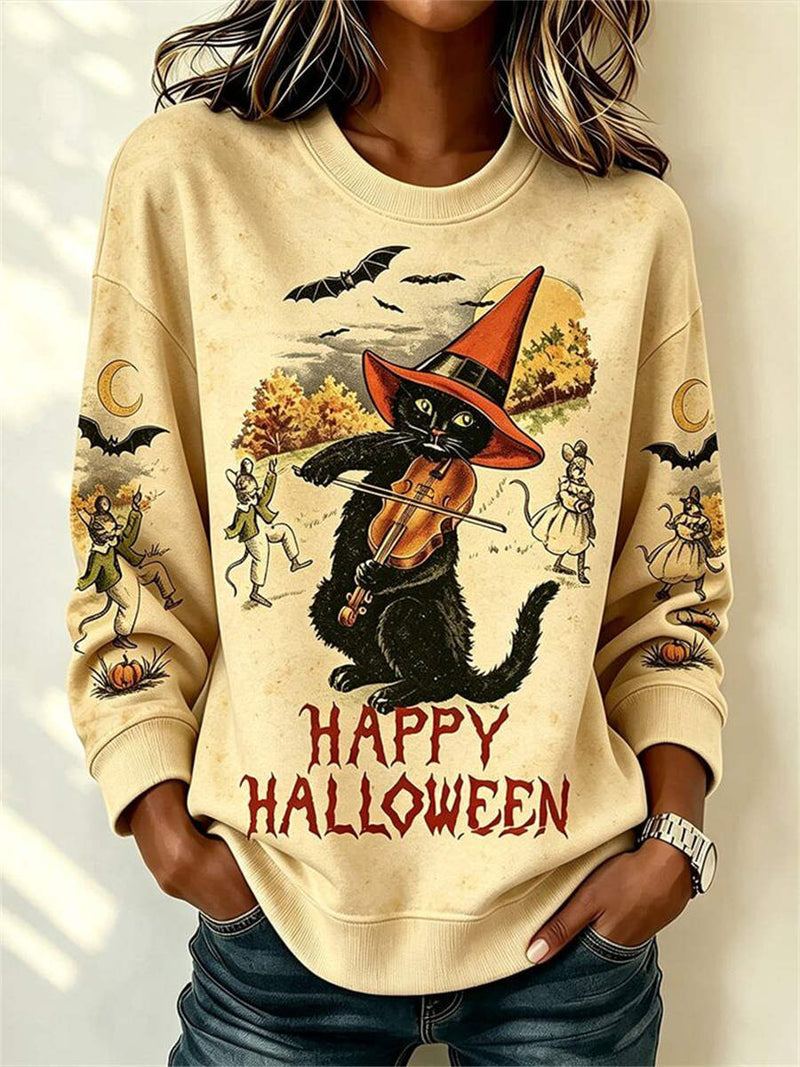 Women's Halloween Beige Black Cat Violin Letter Print Round Neck Long Sleeve Sweatshirt