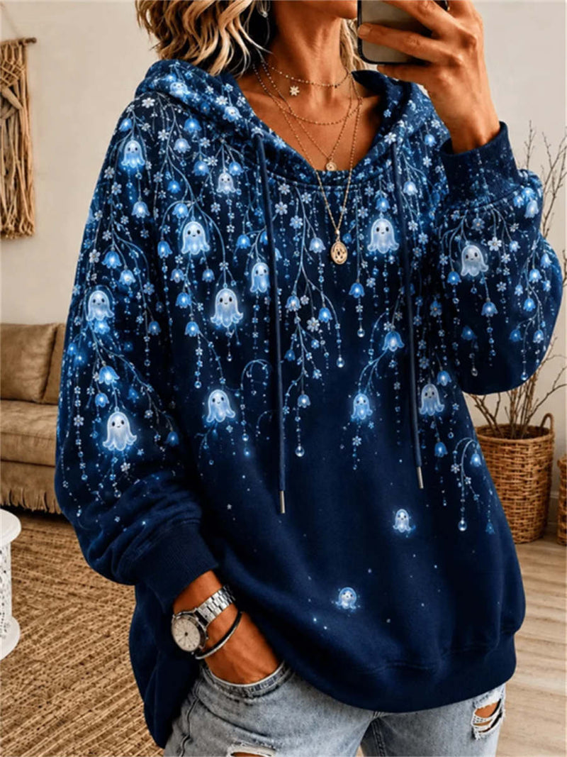 Women's Halloween Navy Ghost Floral Print Hooded Long Sleeve Hoodie