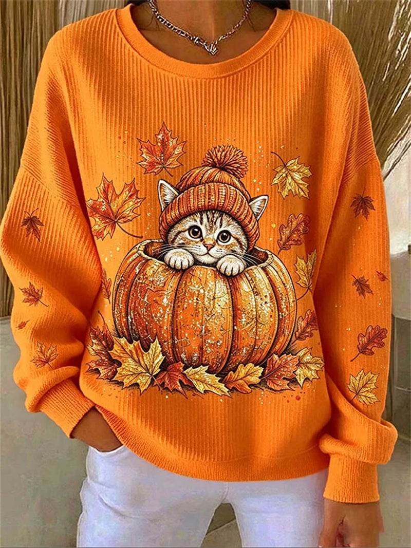 Women's Halloween Orange Beanie Cat Pumpkin Print Round Neck Long Sleeve Sweatshirt