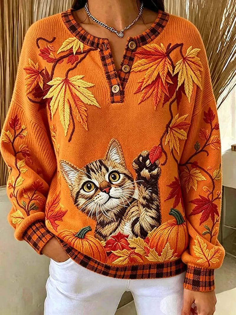 Women's Halloween Orange Cat Pumpkin Maple Leaf Plaid Trim Print Henley Neck Long Sleeve Sweatshirt