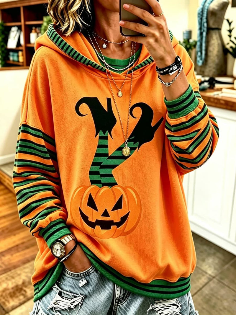 Women's Halloween Orange Witch Leg Pumpkin Print Striped Splice Hooded Long Sleeve Hoodie