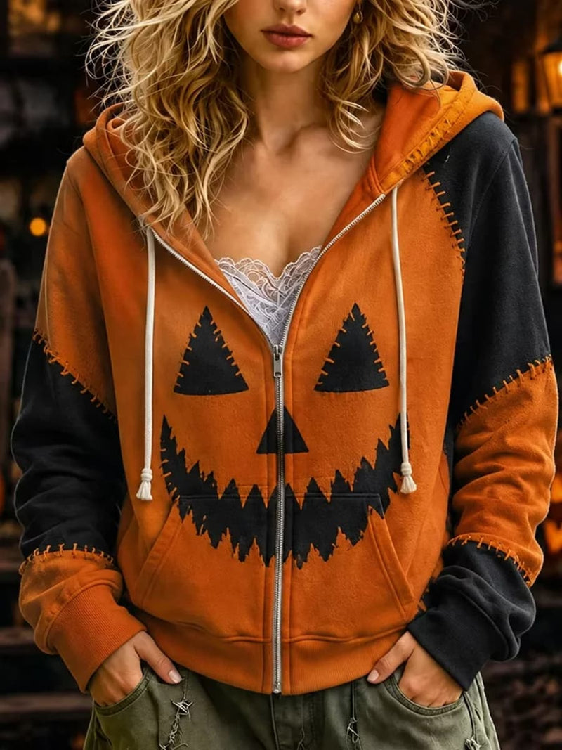 Women's Halloween Orange Black Pumpkin Face Print Zip Up Hooded Long Sleeve Hoodie