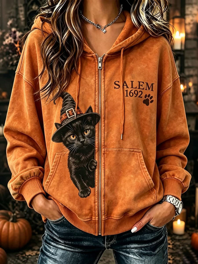 Women's Halloween Orange Black Cat Witch Hat Letter Print Zip Up Hooded Long Sleeve Hoodie