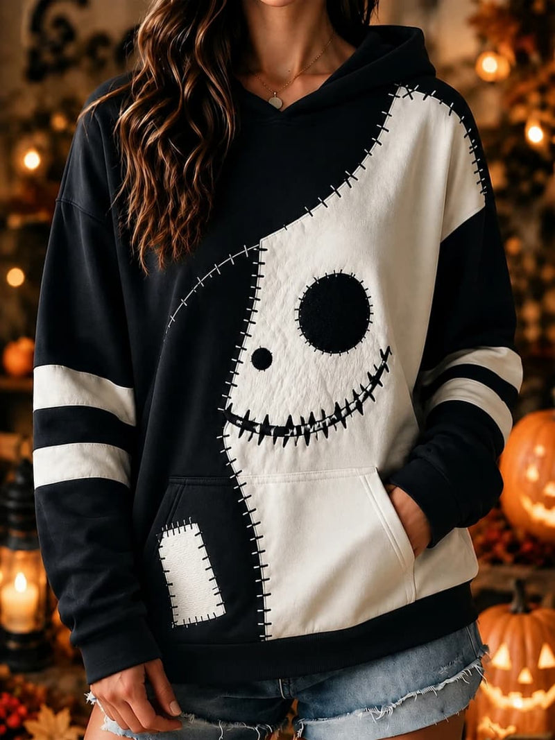 Women's Halloween Black White Skeleton Face Patchwork Hooded Long Sleeve Hoodie