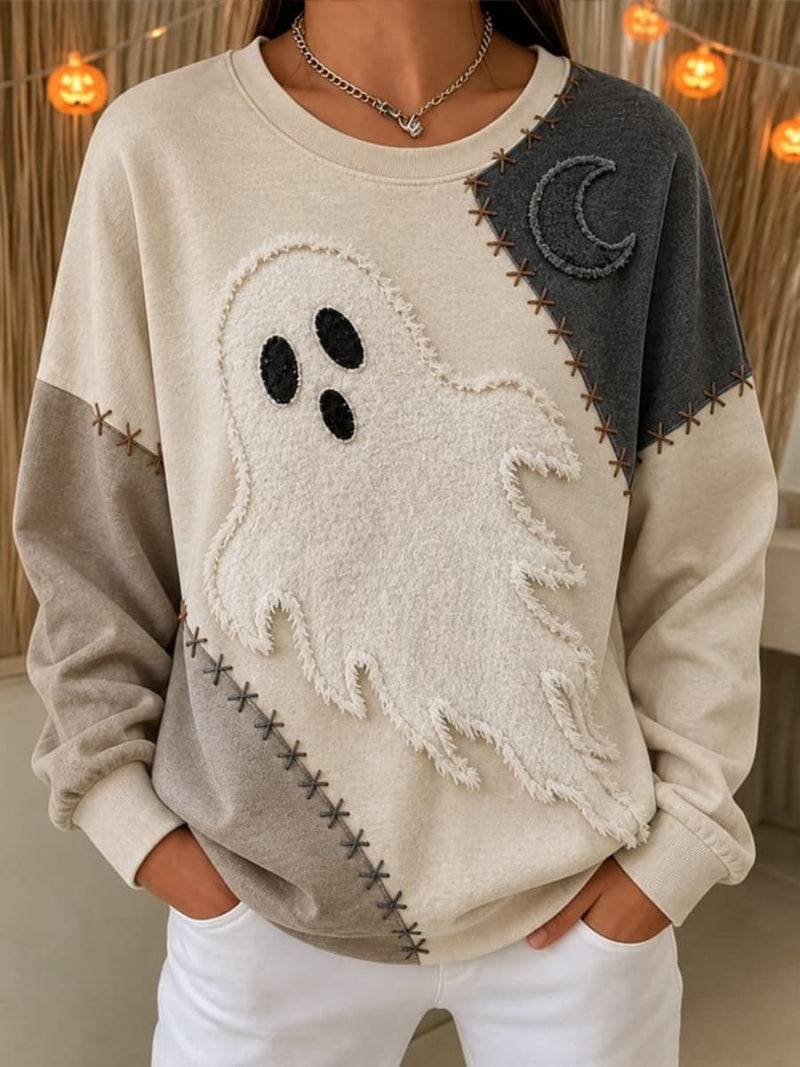 Women's Halloween Beige Ghost Moon Patchwork Round Neck Long Sleeve Sweatshirt