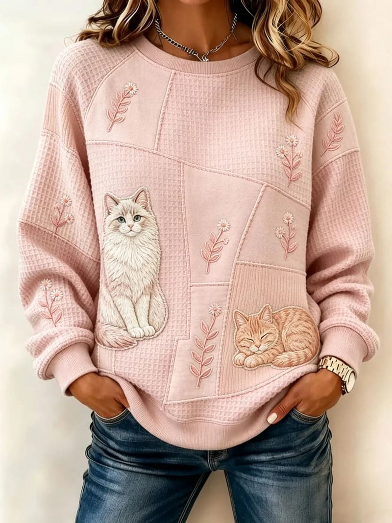 Women's Pink Cat Daisy Floral Patchwork Print Round Neck Long Sleeve Sweatshirt