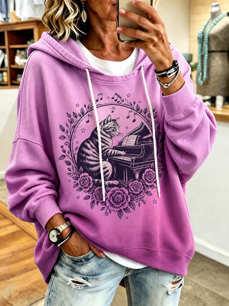 Women's Purple Cat Piano Rose Floral Music Note Print Drawstring Hooded Long Sleeve Hoodie