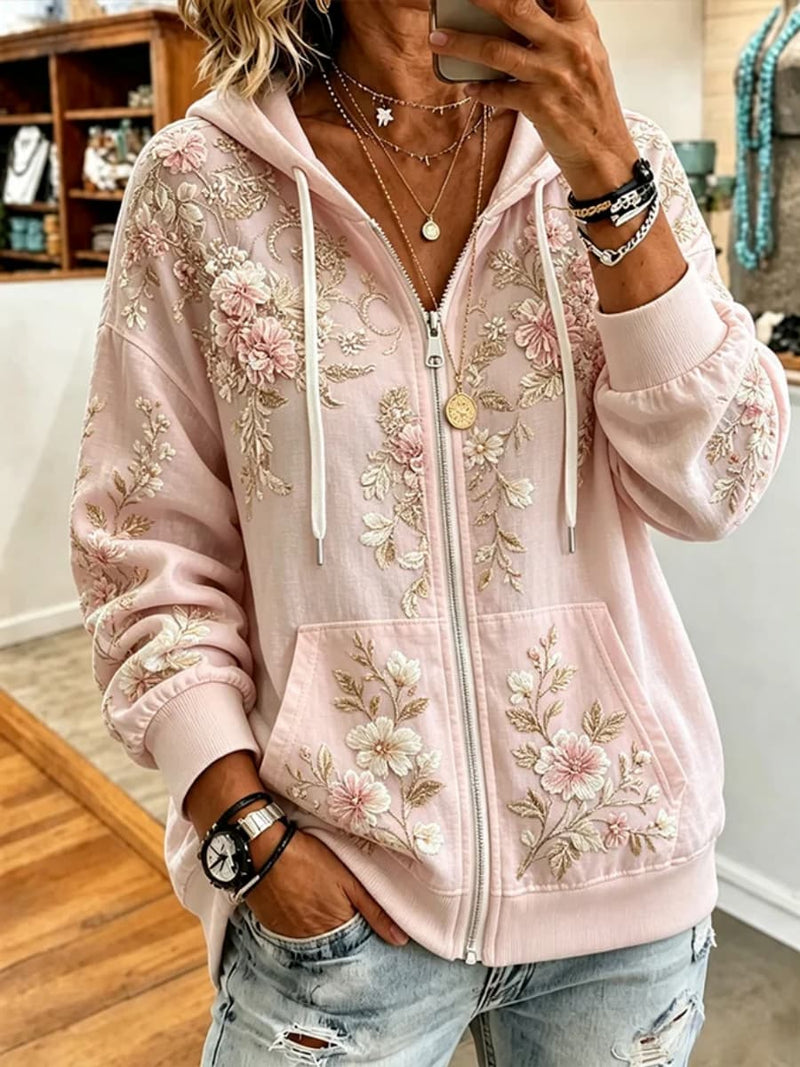 Women's Light Pink Floral Print Zip Up Drawstring Hooded Long Sleeve Hoodie