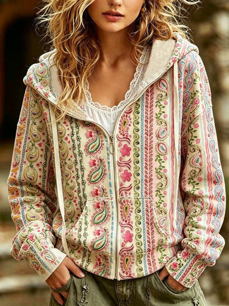 Women's Multi Paisley Floral Stripe Print Zip Up Drawstring Hooded Long Sleeve Hoodie