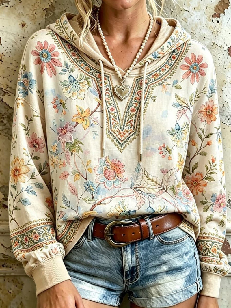 Women's Beige Floral Ethnic Border Print Drawstring Hooded Long Sleeve Hoodie