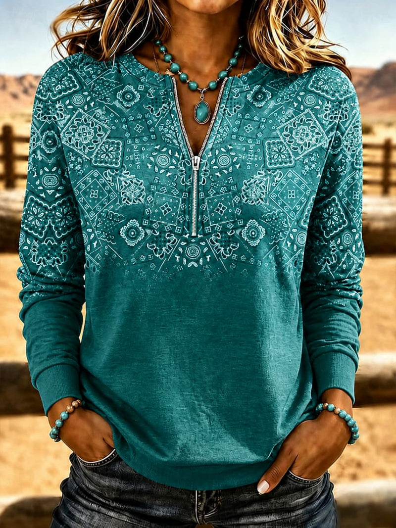 Women's Teal Ethnic Geometric Gradient Print Half Zip Long Sleeve Sweatshirt