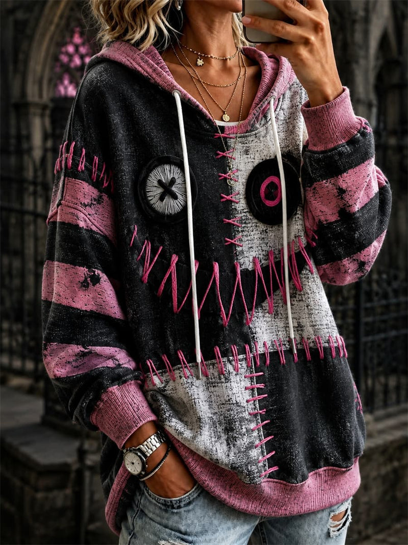 Women's Halloween Black Pink Stitch Patchwork Print Hooded Long Sleeve Hoodie