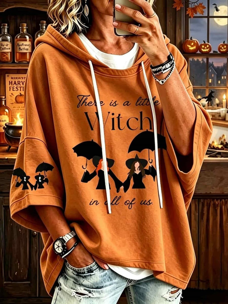 Women's Halloween Orange Witch Letter Print Hooded 3/4 Sleeve Hoodie