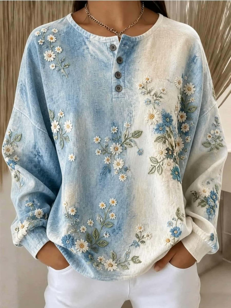 Women's Blue White Tie Dye Daisy Floral Print Henley Neck Long Sleeve Sweatshirt