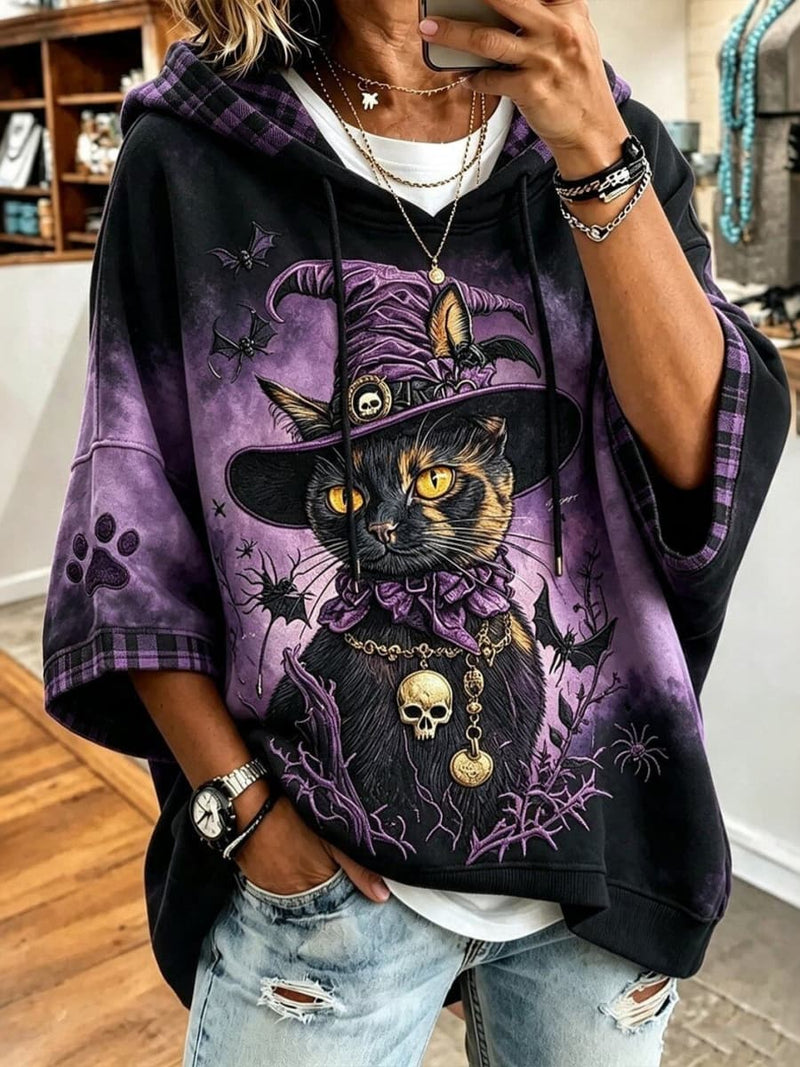 Women's Halloween Purple Black Tie Dye Witch Cat Print Hooded 3/4 Sleeve Hoodie