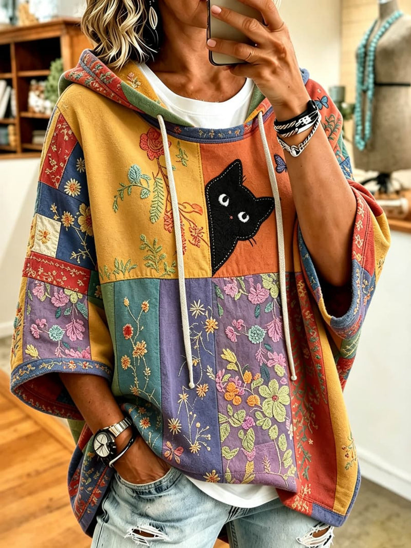 Women's MultiPatchwork Black Cat Floral Print Hooded 3/4 Sleeve Hoodie
