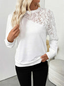 Women's White Rose Mesh Splicing Round Neck Long Sleeve Sweatshirt