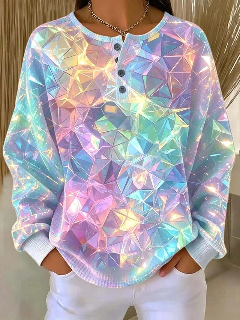 Women's Colorful Geometric Print Henley Neck Long Sleeve Sweatshirt