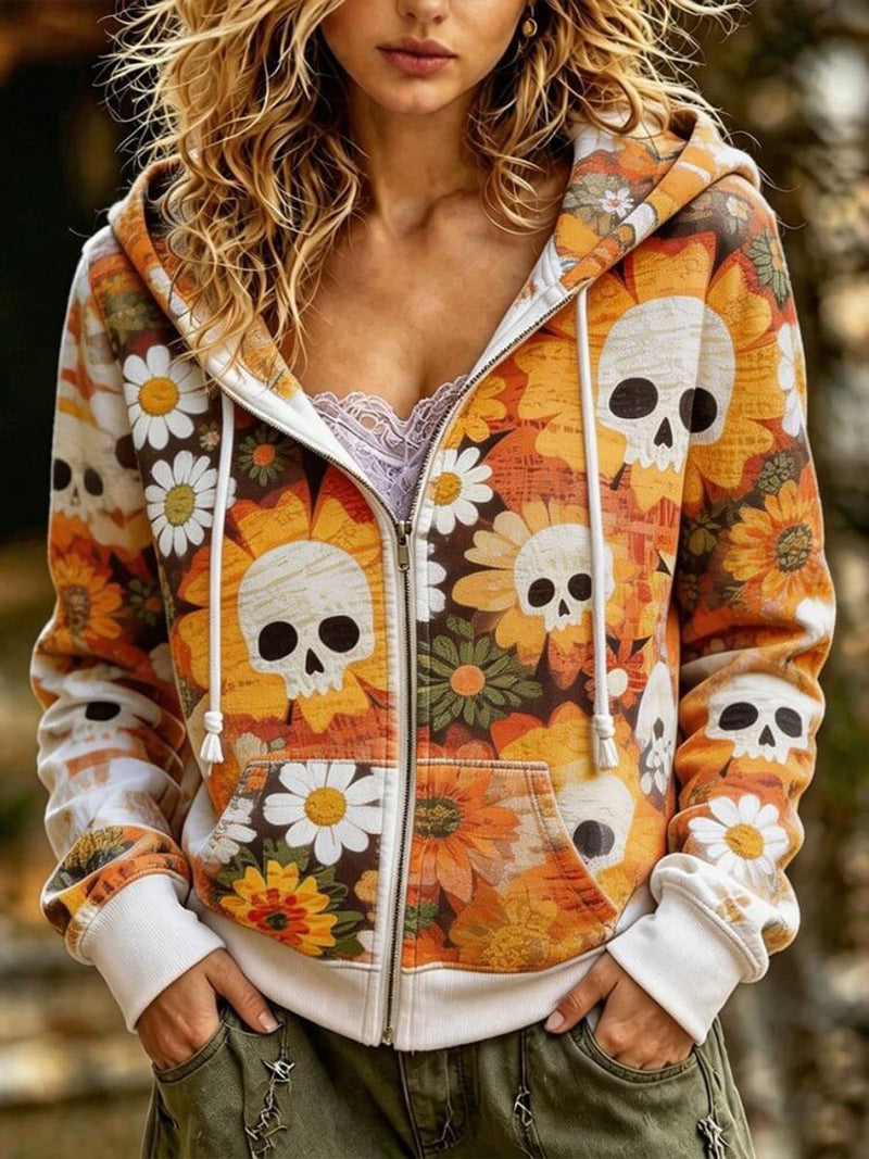 Women's Halloween Orange White Skull Sunflower Print Zip Up Hooded Long Sleeve Hoodie