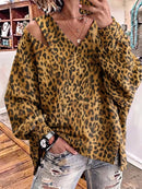 Women's Mustard Yellow Leopard Print Cut Out Shoulder V Neck Long Sleeve Sweatshirt