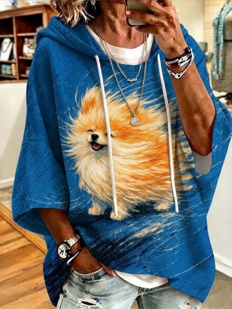 Women's Blue Cute Pomeranian Dog Print Hooded 3/4 Sleeve Hoodie