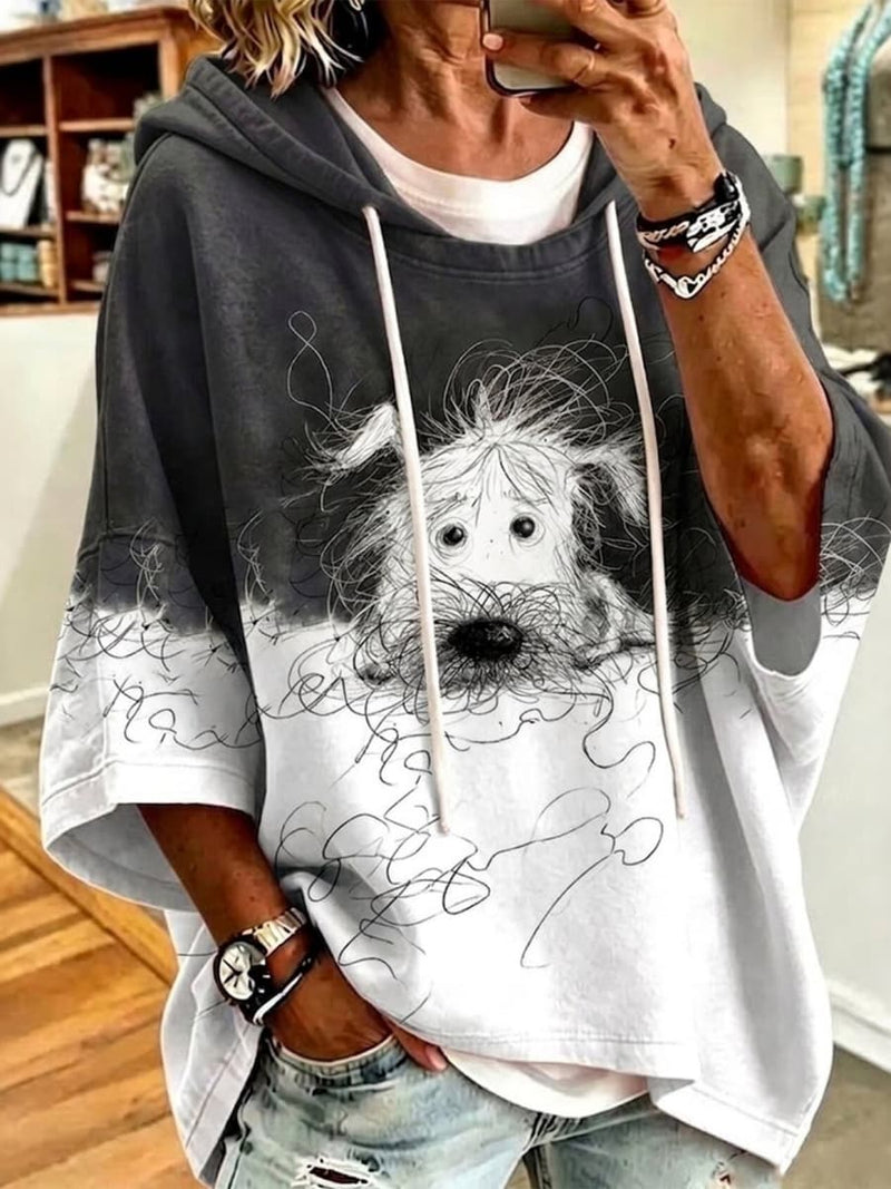 Women's Grey White Scrawled Dog Print Hooded 3/4 Sleeve Hoodie