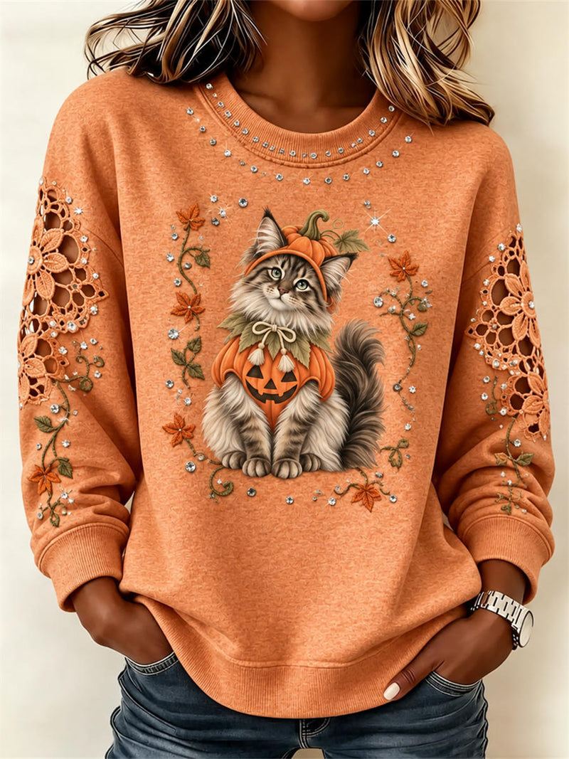 Women's Halloween Orange Cat Pumpkin Floral Cutout Round Neck Long Sleeve Sweatshirt