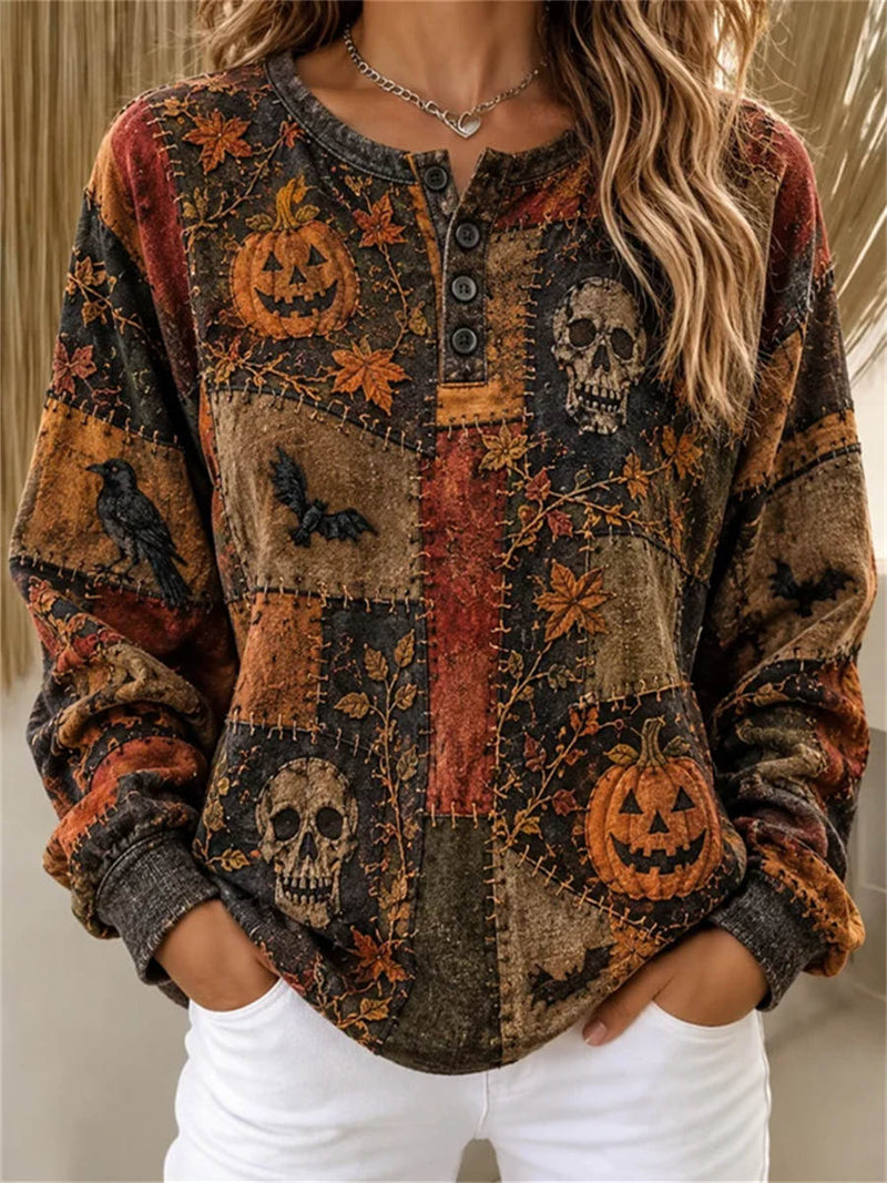 Women's Halloween Multi Patchwork Pumpkin Skull Crow Print Henley Long Sleeve Sweatshirt